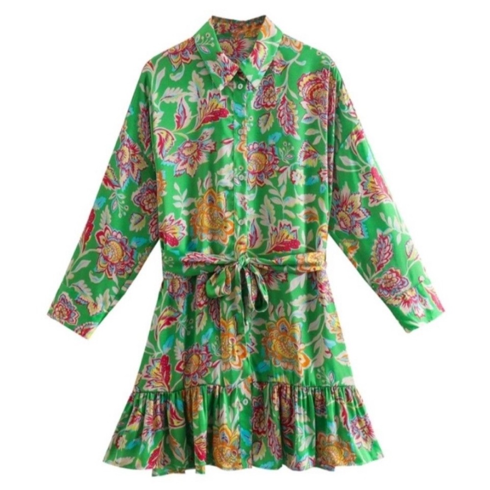 Zara NWT Green Floral Satin Mini Shirt Dress Sz S Ruffle Hem Belt